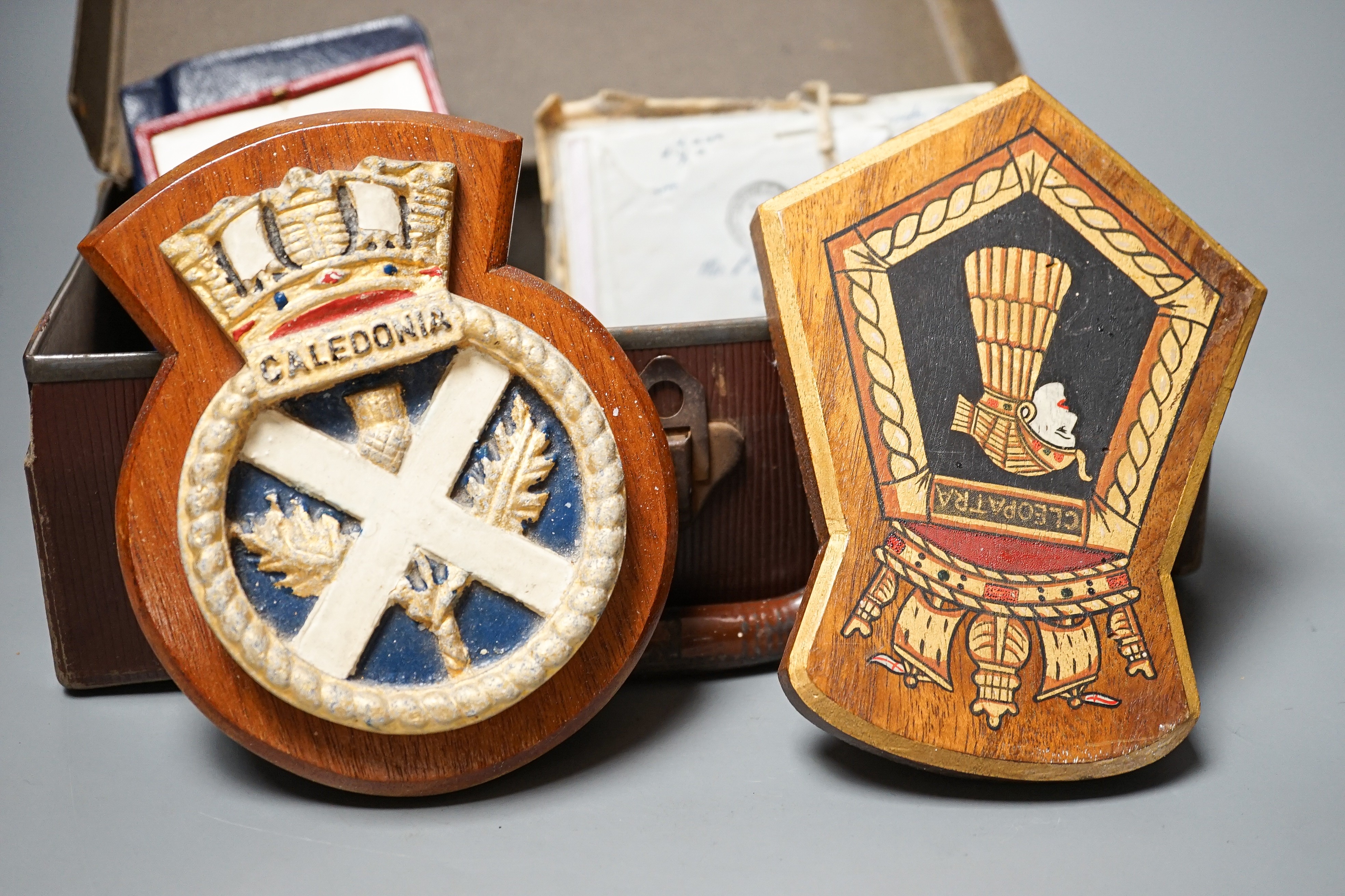 A group of naval related items including plaques, medals, diary, letters etc. and a group of coins.